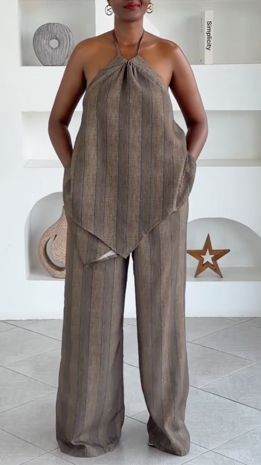 Brown Striped Halter Linen Co-Ord Set