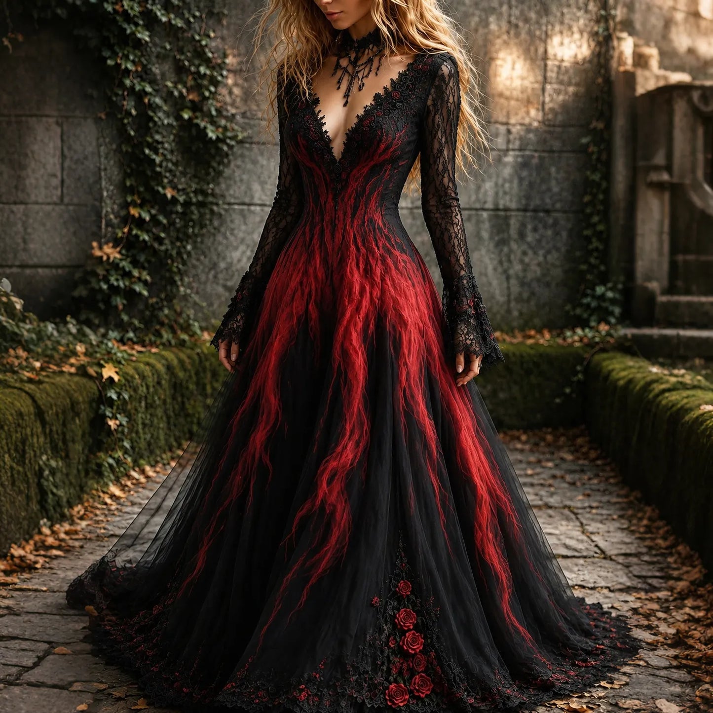 Women's Retro Gothic Gradient Pattern V Neck Maxi Halloween Dress
