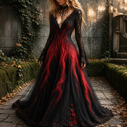 Women's Retro Gothic Gradient Pattern V Neck Maxi Halloween Dress