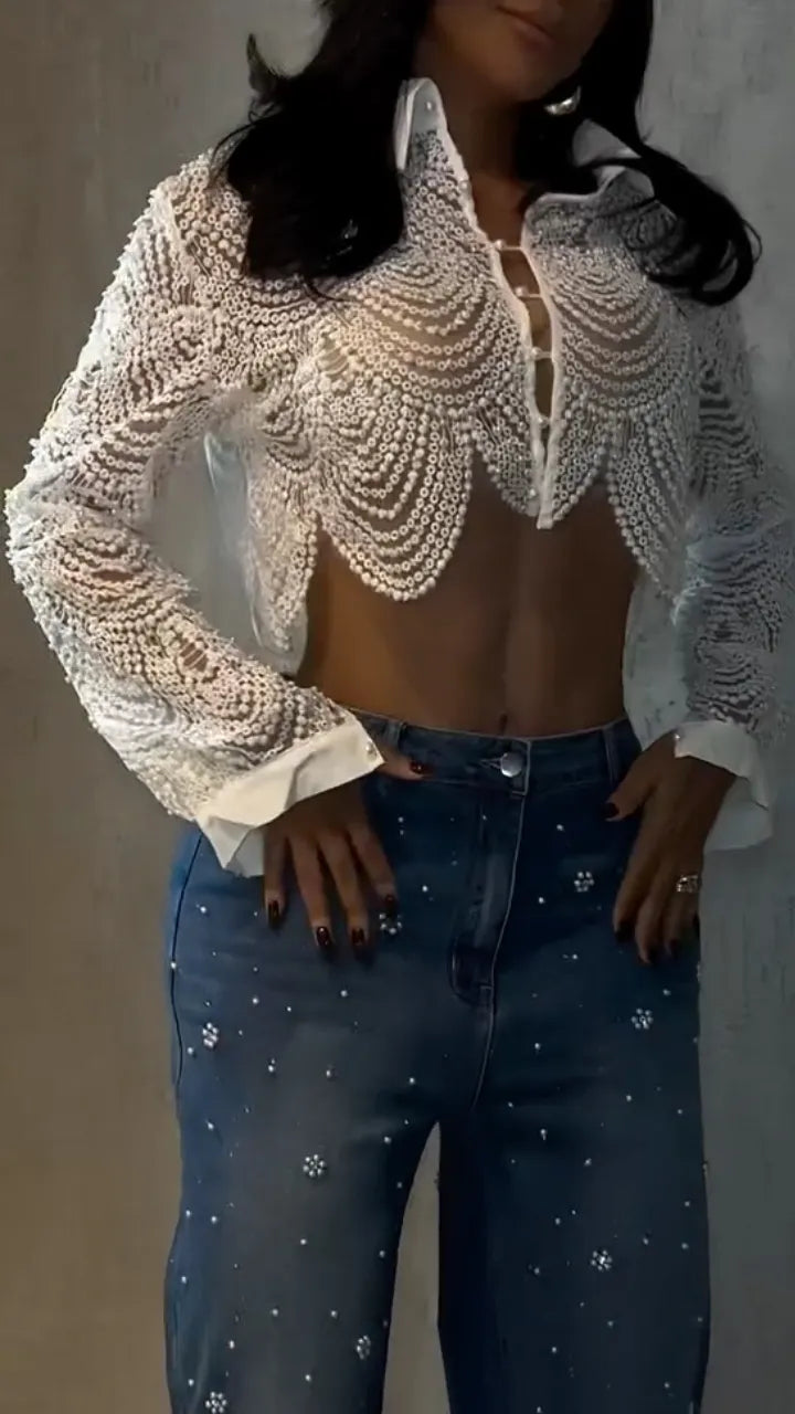 Women's Lapel Top with Cutouts and Beading