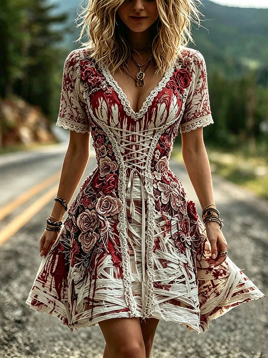 Vintage Tattered Bandage Red Rose Corset Mini Dress