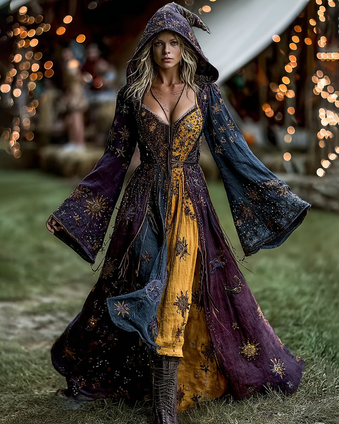 Star And Moon Themed Embroidery Contrast Color Hooded Witch Dress  a97e