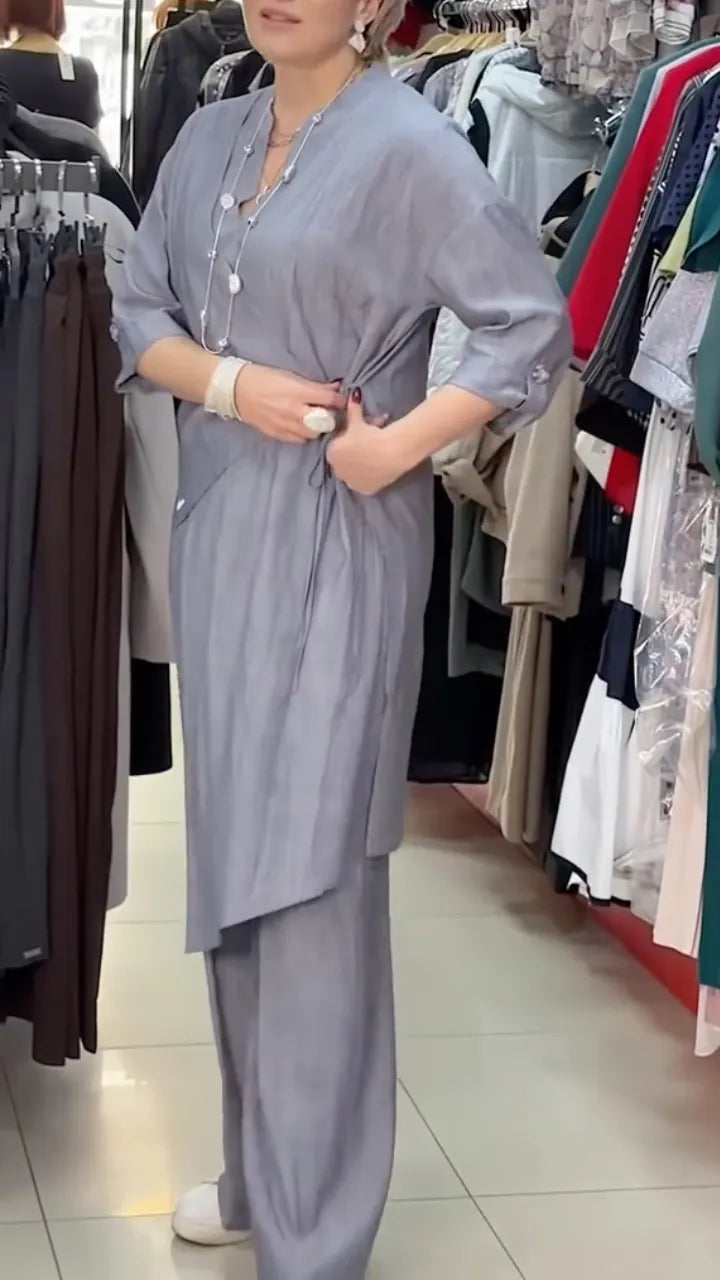 Linen Blend Wrap Tunic Top & Wide Leg Pants 2‑Piece Set