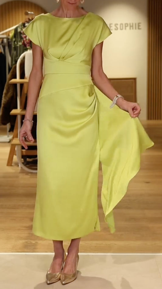 Satin Asymmetric Draped Midi Dress