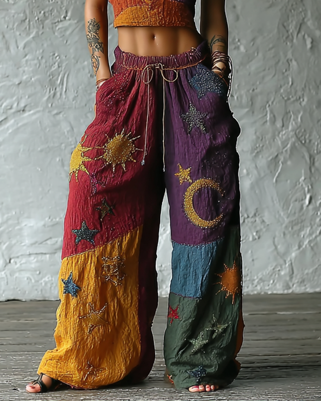 Women's Summer Vacation Star and Moon Embroidered Linen Patchwork Pants  86be