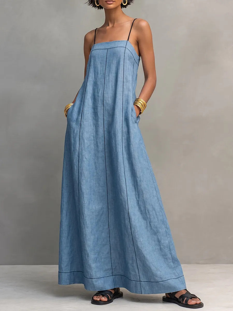 Women's Minimalist Strappy Cotton-linen A-line Dress With Tube Top Bodice
