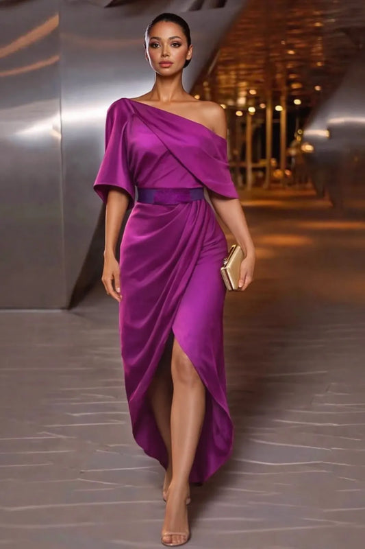 Satin One Shoulder Ruched Waist Asymmetric Maxi Dress