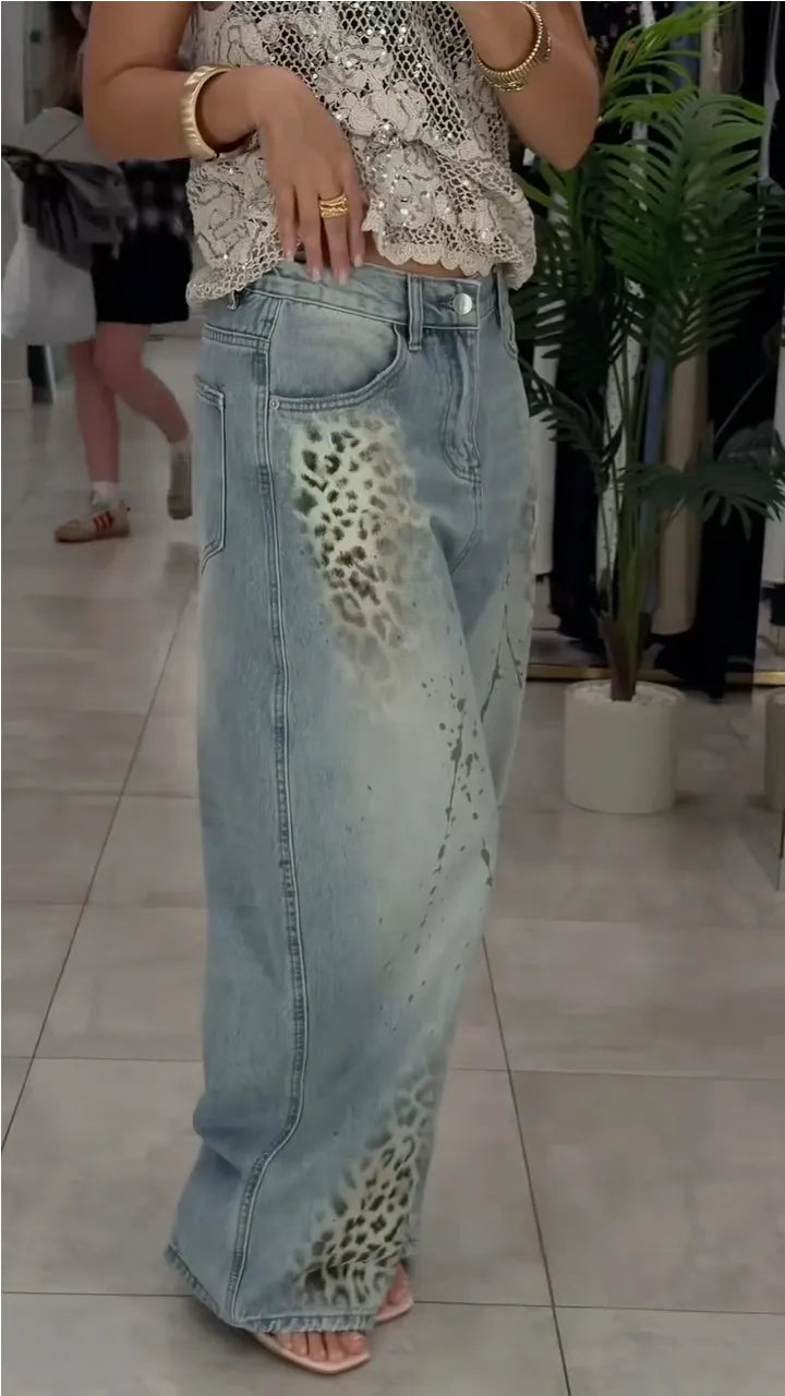 Crochet Lace Tank Top & Leopard Print Wide Leg Denim Two Piece Outfit