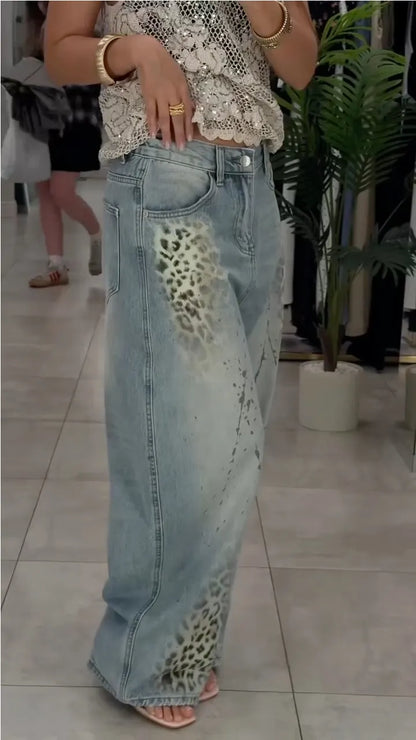 Crochet Lace Tank Top & Leopard Print Wide Leg Denim Two Piece Outfit