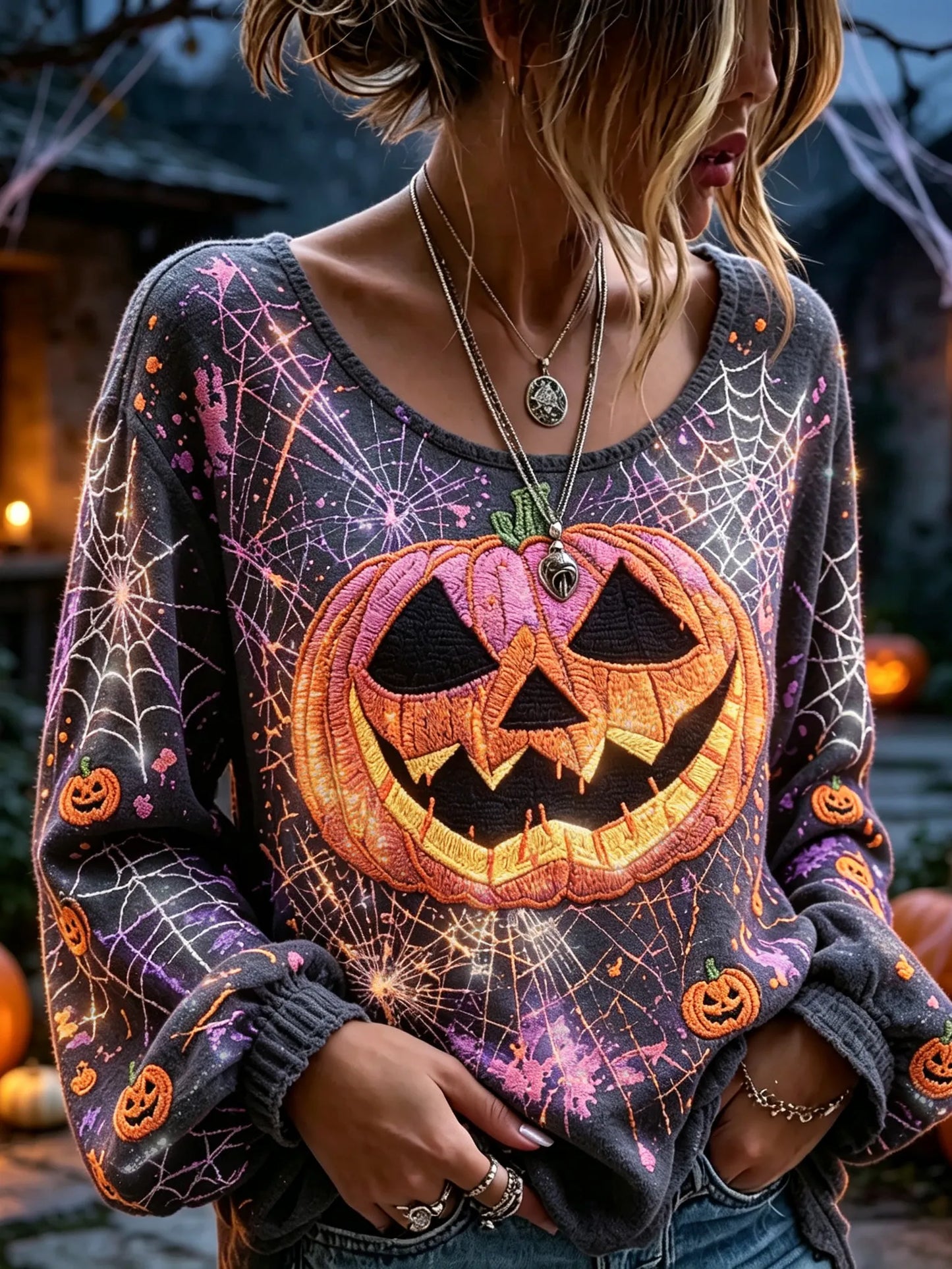 Women's Retro Halloween Pumpkin Spider Web Embroidered Long-sleeve T-shirt