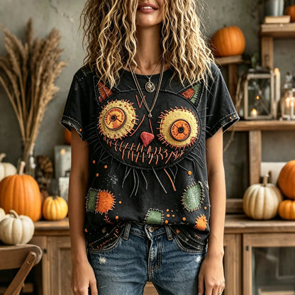 Women's Halloween Cat Patchwork Crew Neck T-shirt