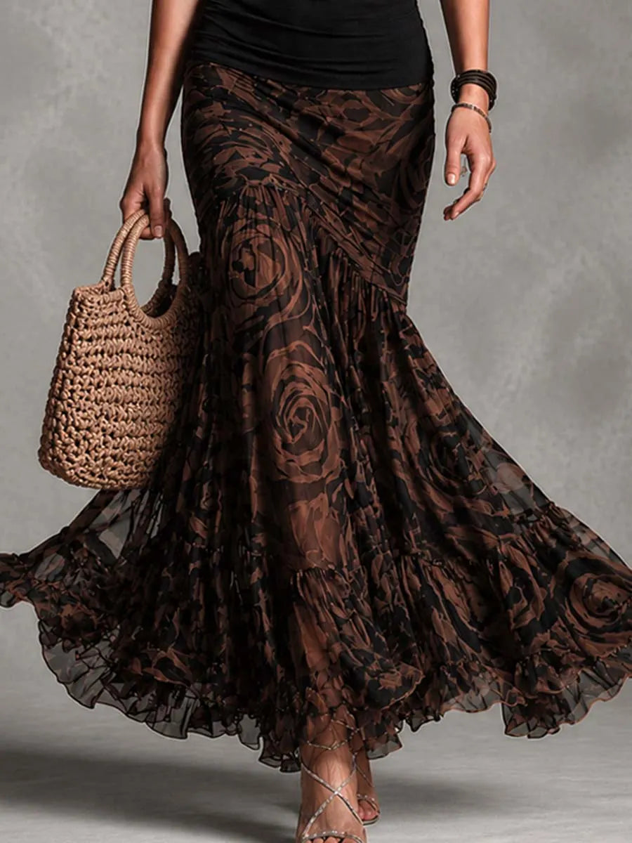 Retro Black cami and brown printed mesh skirt set