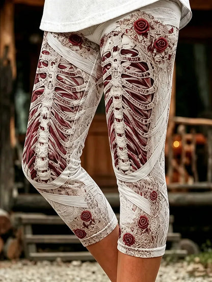 Women's Retro Halloween Rose Skull Print Skinny Capri Pants