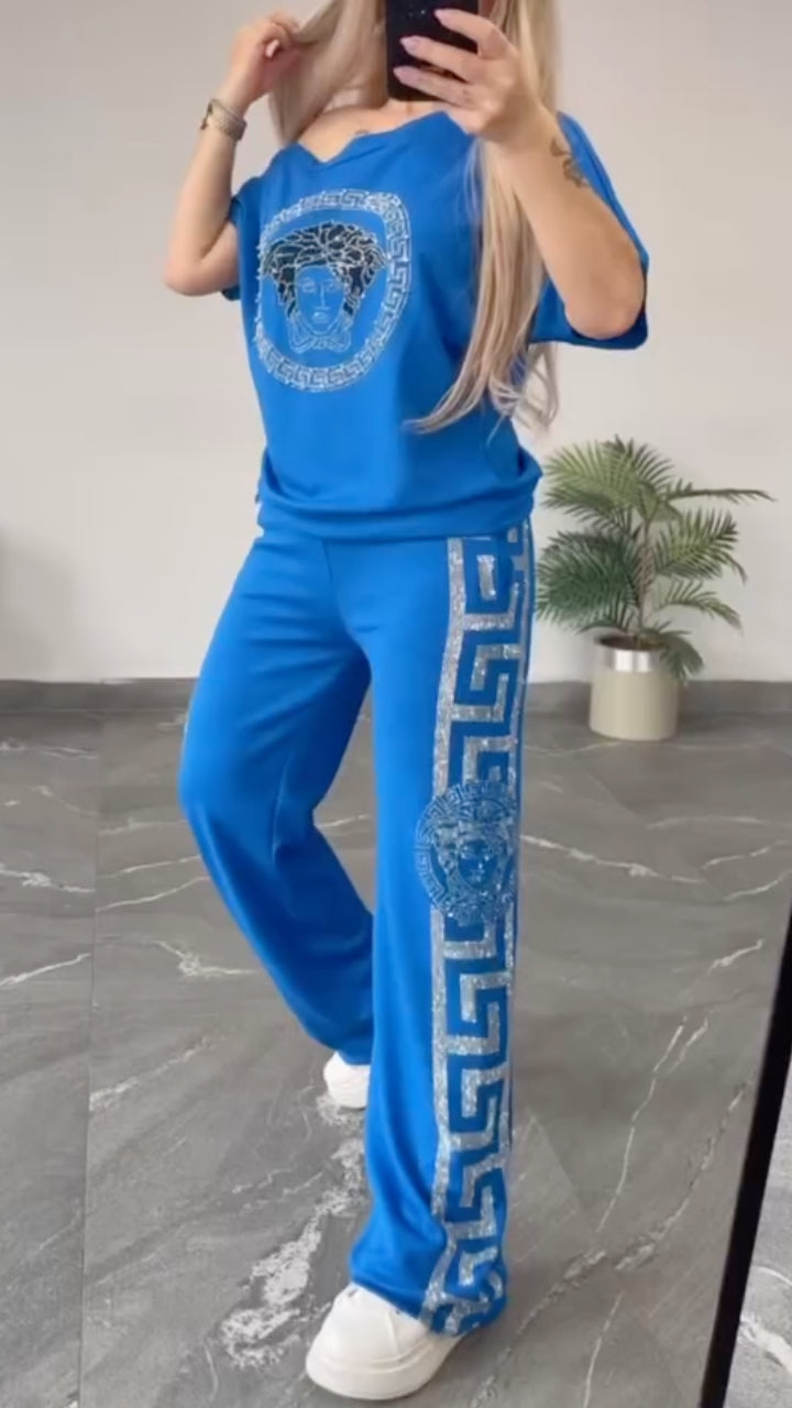 Rhinestone Trim Medusa Print Tracksuit Set