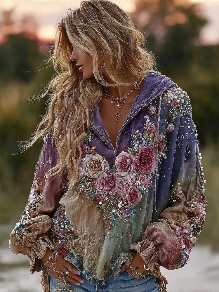 Tie-dye Rose Embroidered Sequined Hoodie