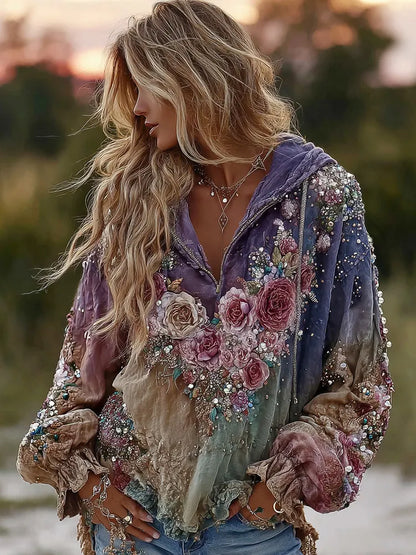 Tie-dye Rose Embroidered Sequined Hoodie
