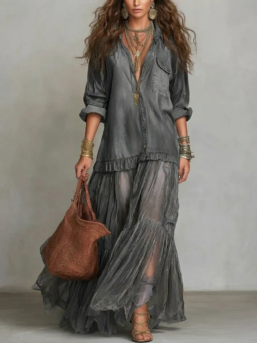 Blue Faux Denim Shirt Collar With Sheer Pockets Maxi Dress