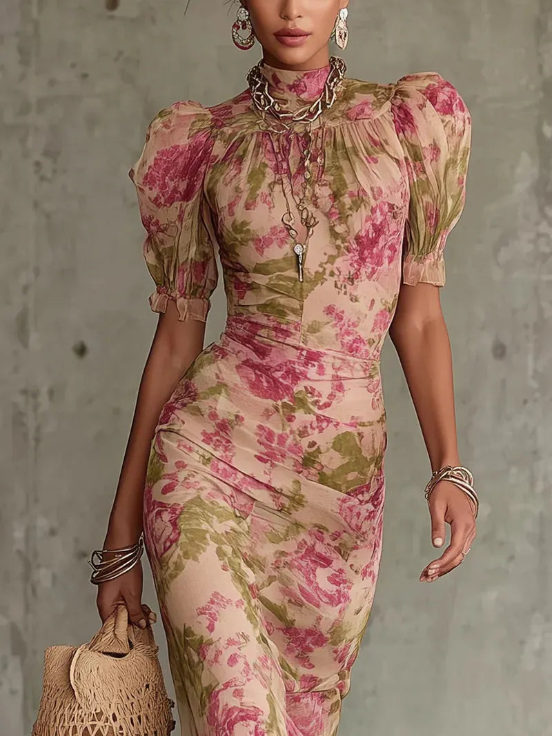 Vintage Rose Print Maxi Dress With Puff Sleeves（Accessories not included）