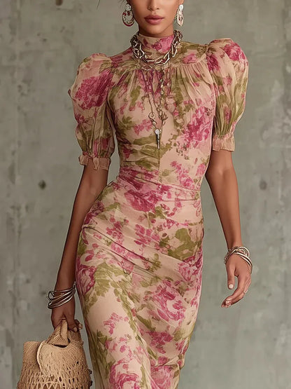 Vintage Rose Print Maxi Dress With Puff Sleeves（Accessories not included）