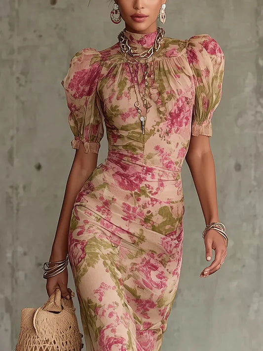Vintage Rose Print Maxi Dress With Puff Sleeves（Accessories not included）