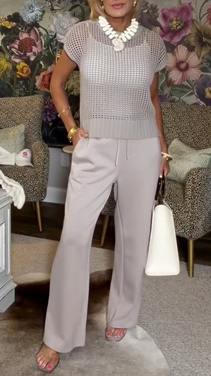 Women's Crew Neck Open-Knit Top + Drawstring Flared Pants Set