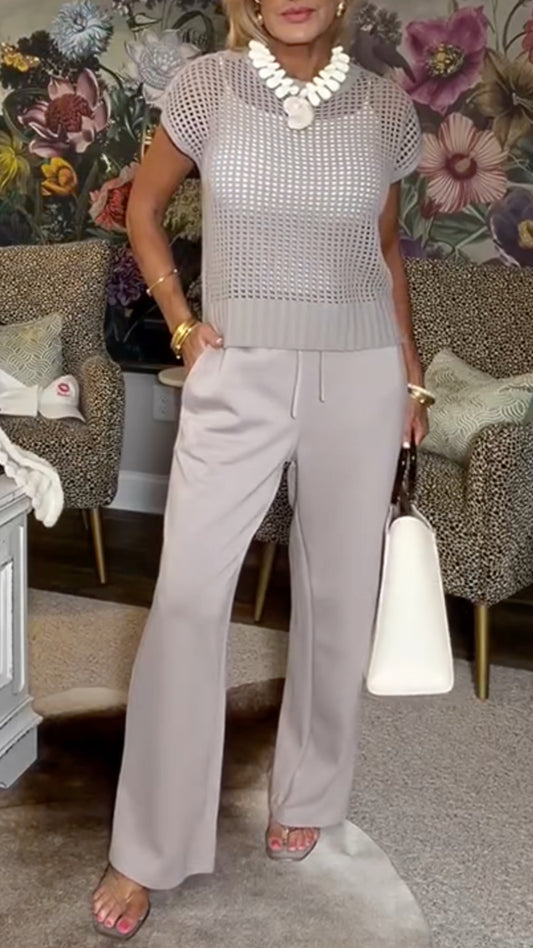 Women's Crew Neck Open-Knit Top + Drawstring Flared Pants Set