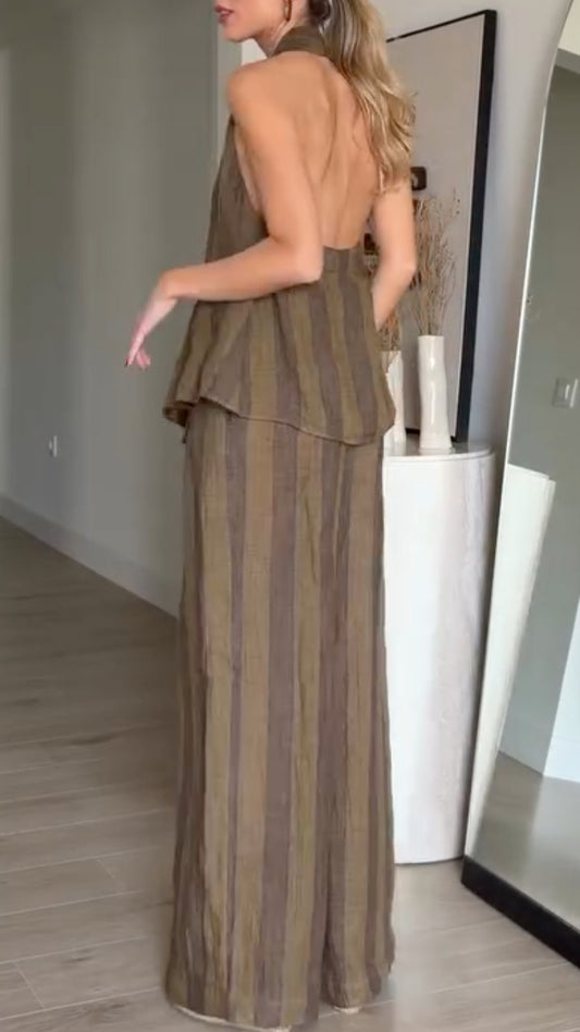 Olive Green Striped Linen Halter Neck 2 Piece Set