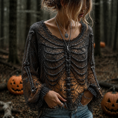 Women's Vintage Skeleton Spider Art Long Sleeve T-shirt