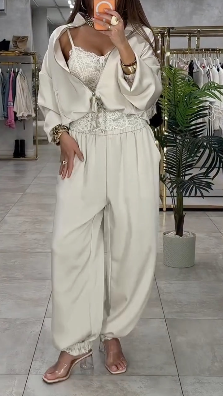 Beige Satin Zip Up Hoodie and JoggersLeg Pants 2 Piece Set