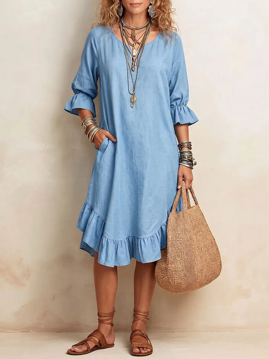 Women's Solid Color V-Neck 3/4 Sleeve Casual Loose Cotton-Linen Dress