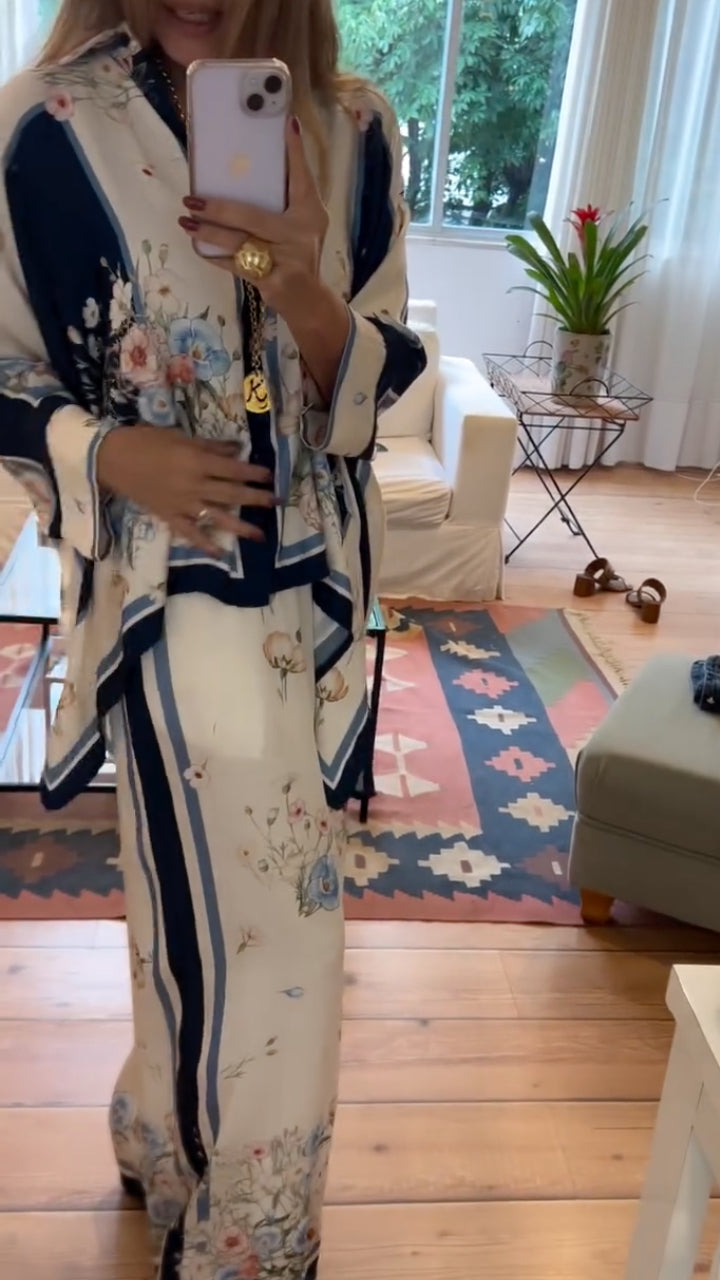 Vintage Floral Scarf Printed Kimono Cover Up Wide Leg Pants Set