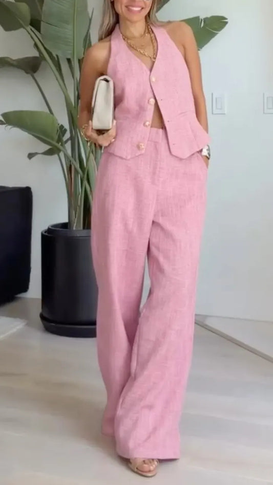Pink Linen Halter Waistcoat Co-Ord Set