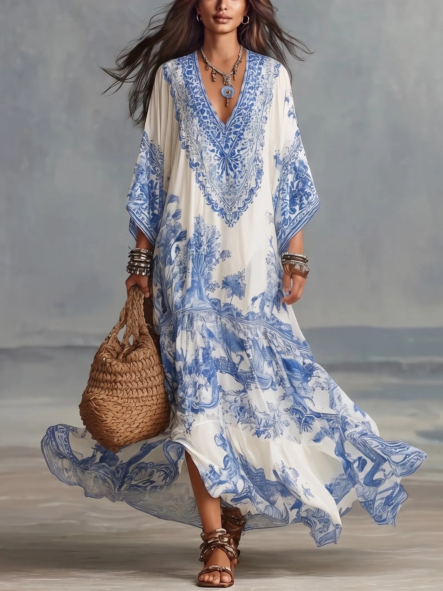 Blue White Floral Print V-neck Batwing Sleeve Kaftan Resort Maxi Dress