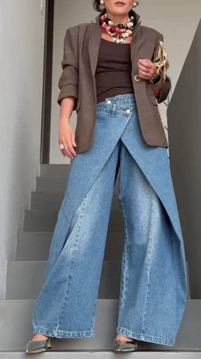 Brown Blazer & Wrap-Front Denim Pants Outfit