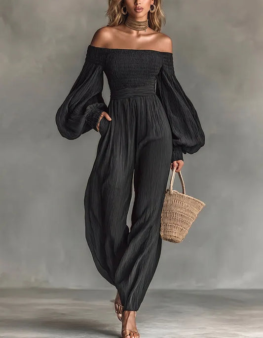 Women's Off-shoulder Long-sleeved Pleated Fabric Solid Color Jumpsuit