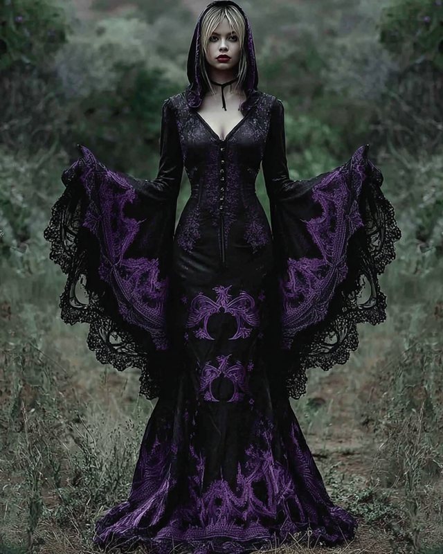 Women's Halloween Embroidered Bat Sleeve Hooded Dress 90ec