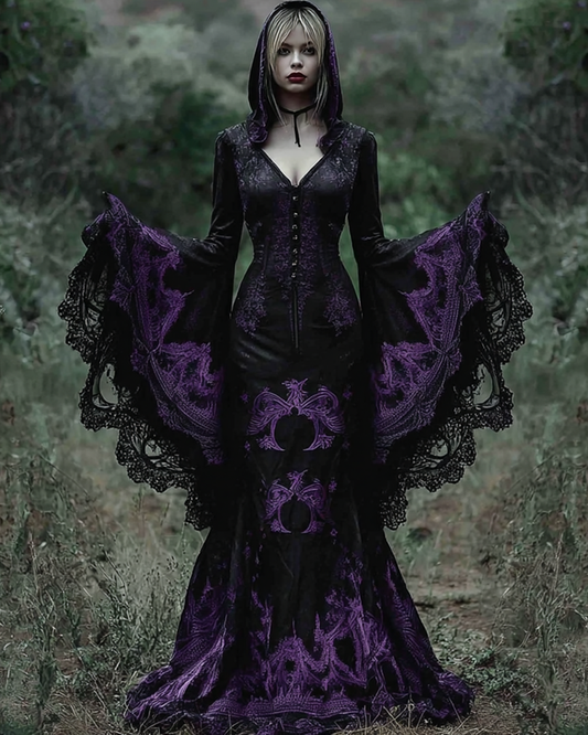 Women's Halloween Embroidered Bat Sleeve Hooded Dress 90ec