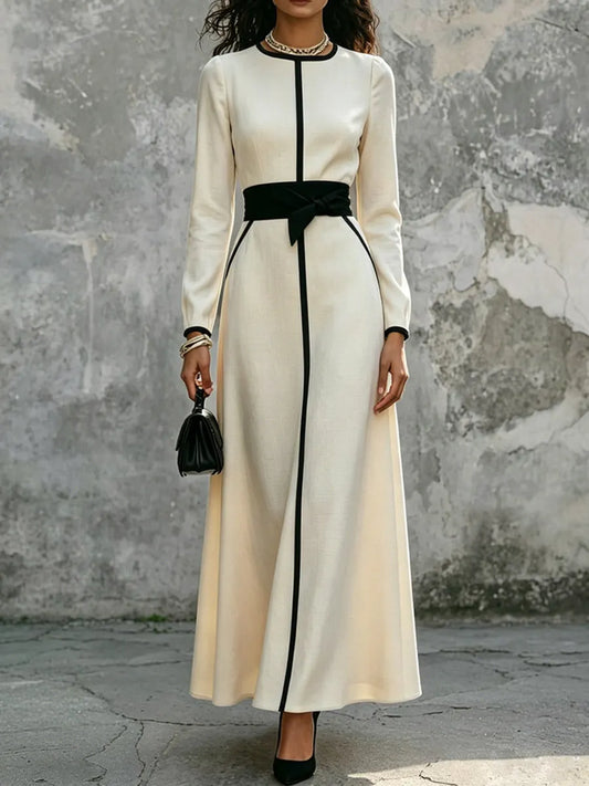 Women's Elegant Contrast Trim Art Casual Stylish Long Sleeve Maxi Dress