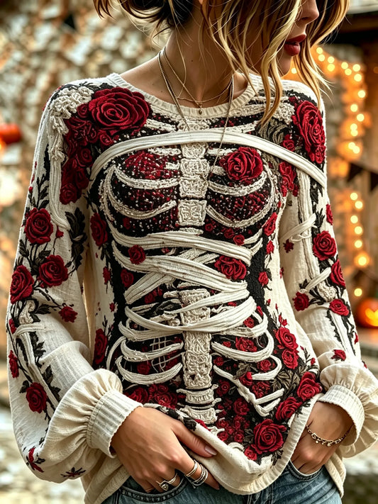 Women's Retro Halloween Bloody Human Skeleton With Floral Art Casual Long Sleeve Tops