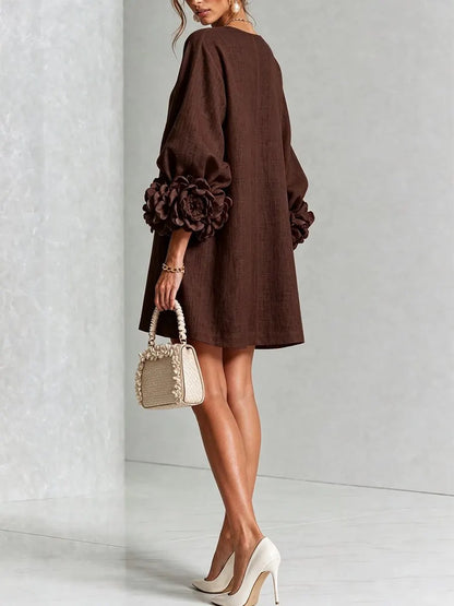 Women's 3D Floral Cuff Balloon Sleeve Mini Dress, Front Floral Button Cotton Linen Blend Shift Dress