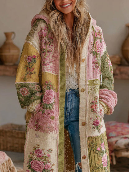 Women's Vintage Patchwork Floral Art Cozy Knit Hooded Cardigan