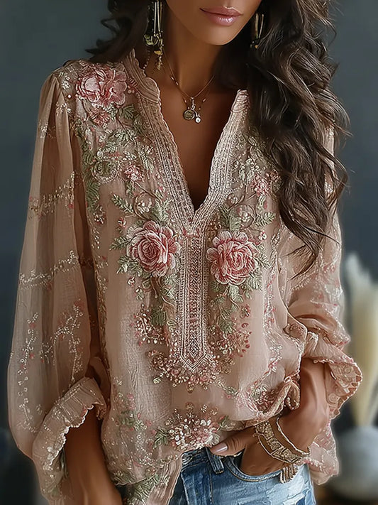 Women's Vintage Spring Floral Embroidered Art Print Flowy Linen Blend Casual Tops