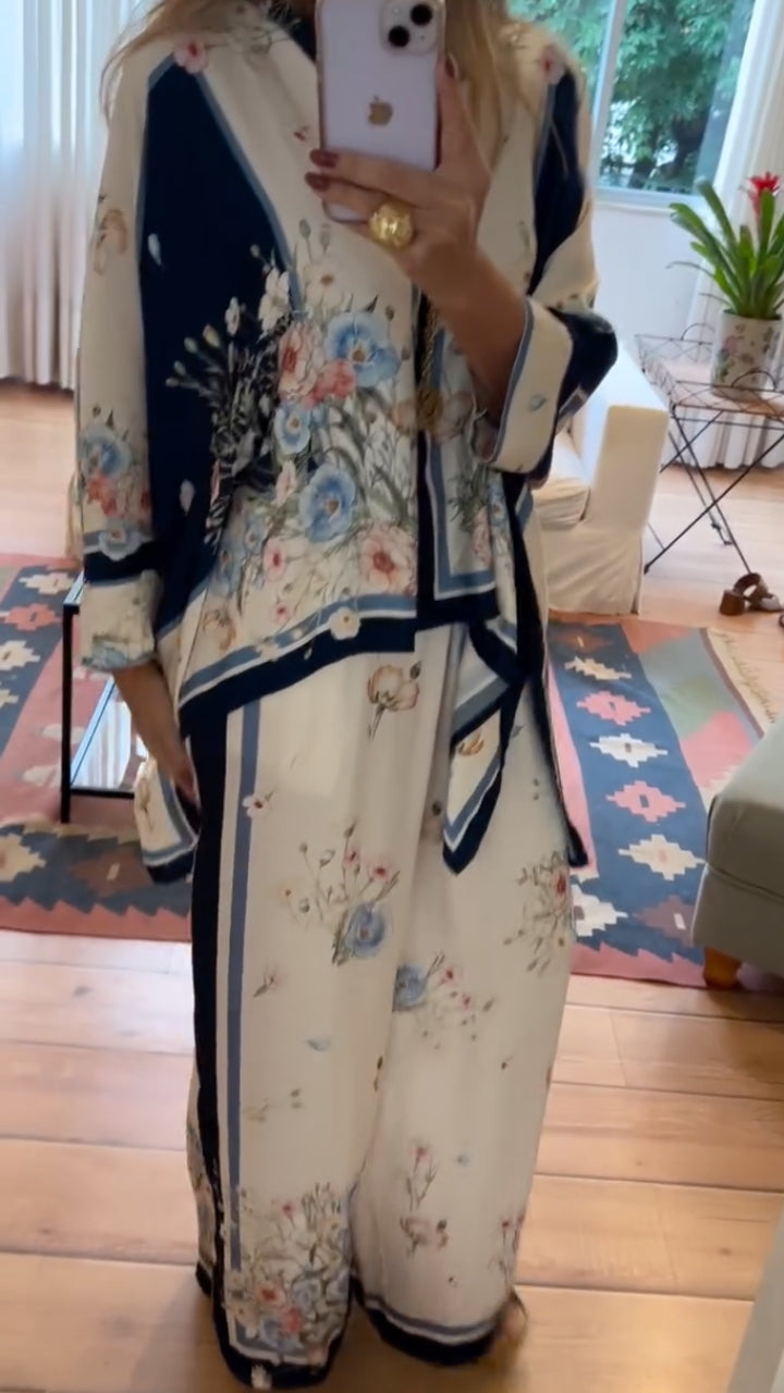 Vintage Floral Scarf Printed Kimono Cover Up Wide Leg Pants Set