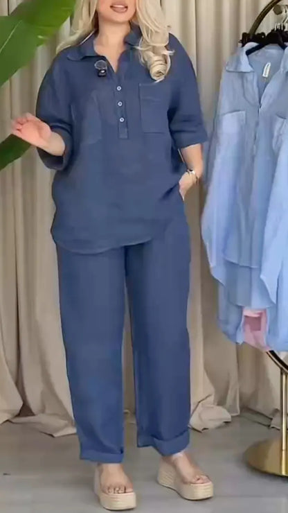 Blue Linen-Blend Button-Down Shirt & Pants Set