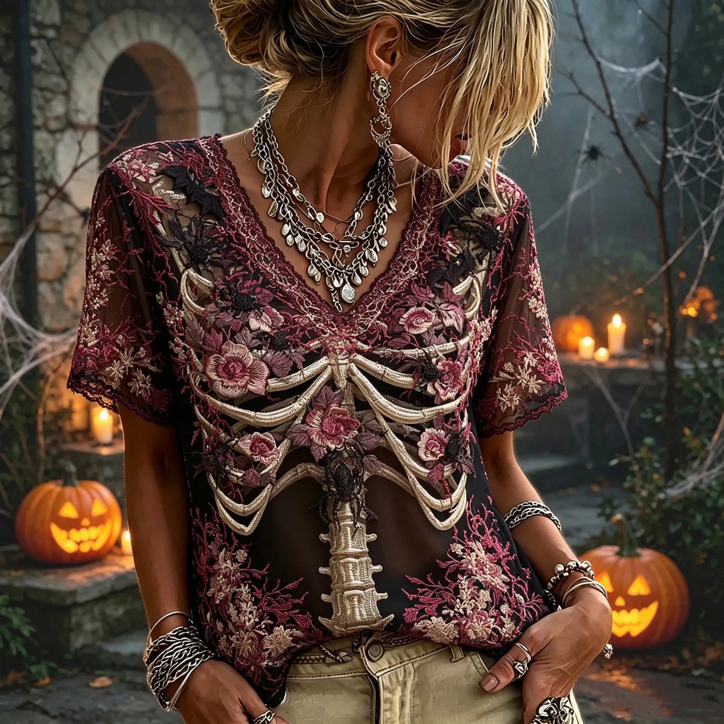 Women’s Black Red Skeleton Floral Embroidery Top