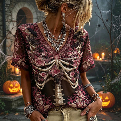 Women’s Black Red Skeleton Floral Embroidery Top