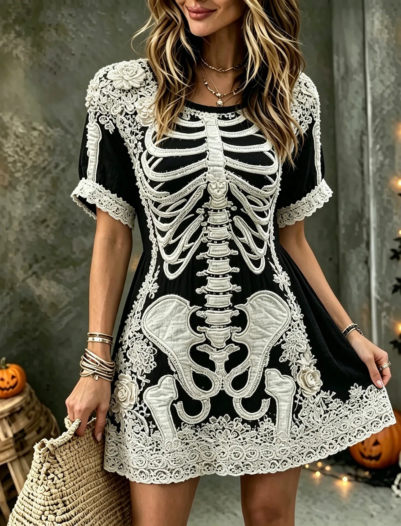 Women's Vintage Halloween Rose And Human Skeleton Art Crew Neck Short Sleeve Mini Dress