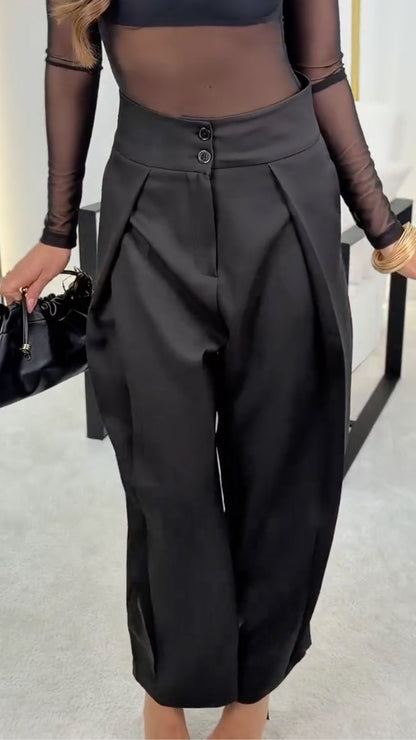 Black Sheer Mesh Long Sleeve Top & High Waist Tapered Pants Set