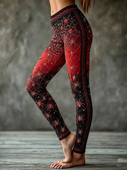 Women's Vintage Halloween Spider And Rose Rhinestone Art Slimming Leggings