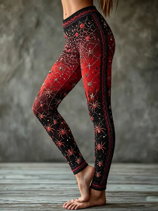 Women's Vintage Halloween Spider And Rose Rhinestone Art Slimming Leggings